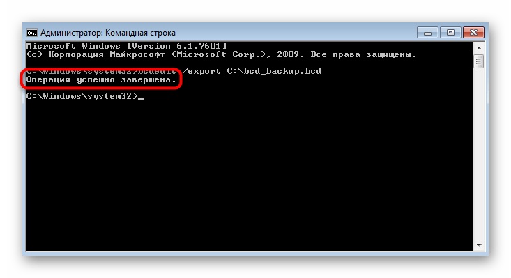 Успешный ввод команды для создания резервной копии файла в Windows 7