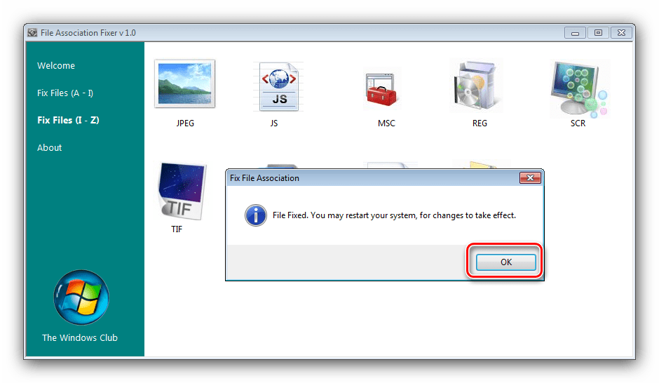 Подтвердить изменения в File Association Fixer для изменения ассоциаций файлов в Windows 7