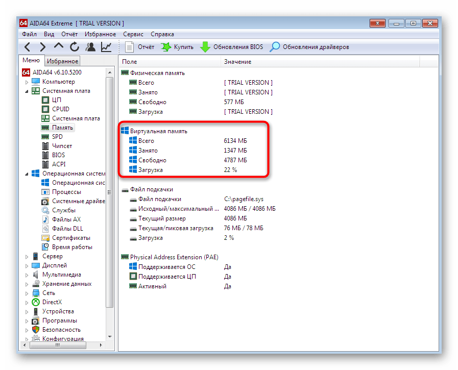 Просмотр информации о виртуальной памяти в программе AIDA64