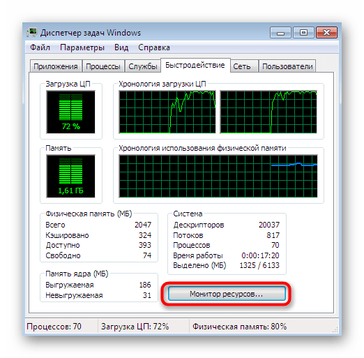 Переход к мониторингу системных ресурсов в отдельном окне диспетчера задач Windows 7