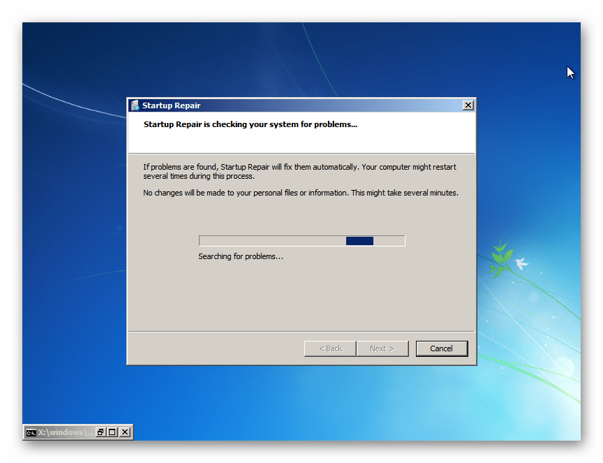 Запущенная утилита Startup Repair в окне System Recovery Options Windows 7