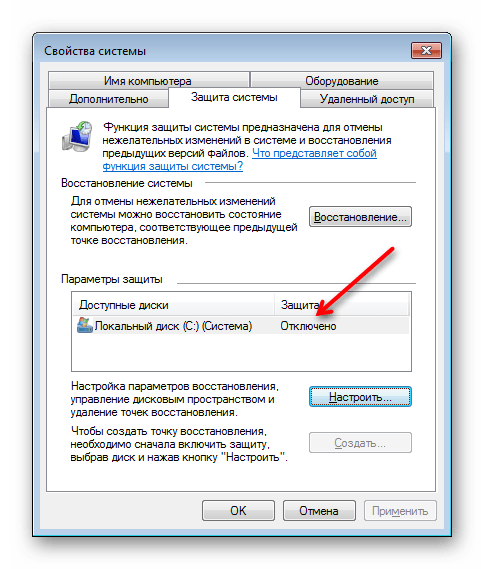 Отключенное восстановление системы в Windows 7