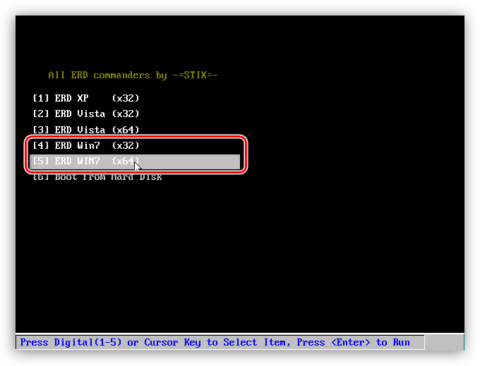 Выбор разрядности операционной системы Windows 7 при загрузке с аварийного диска ERD Commander