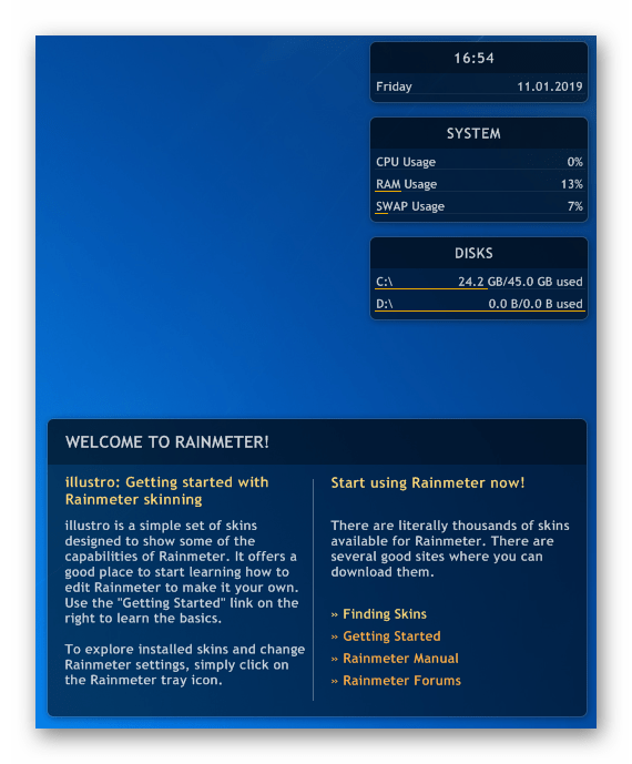 Приветственное окно и гаджеты программы Rainmeter на рабочем столе Windows 7