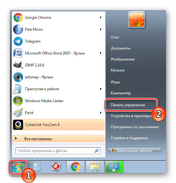 Переход в меню Панели управления в Windows 7