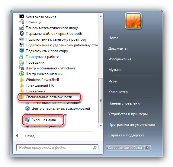 Выбор специальных возможностей для запуска экранной лупы в windows 7