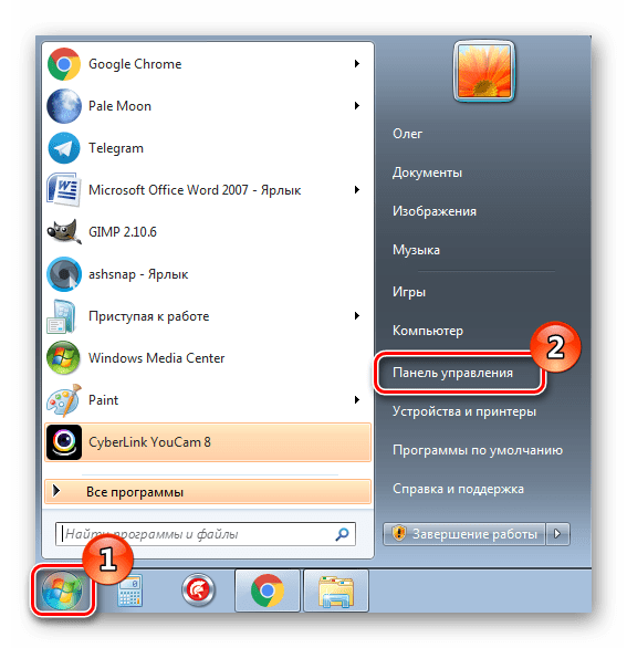 Переход к панели управления в ОС Windows 7