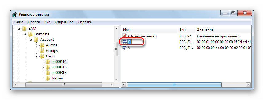 Открытие редактора значения двоичного параметра F в разделе 000001F4 в окне редактора системного реестра в Windows 7