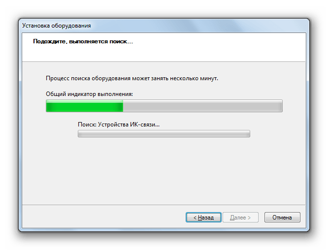 Процедура автоматическго поиска и установки устройства в окне Мастера установки оборудования в Windows 7