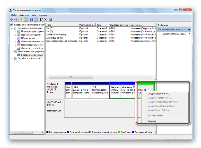 Создание нового тома для жесткого диска в ОС Windows 7