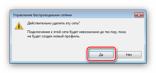 Подтвердить удаление профиля wi-fi на Windows 7