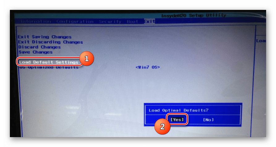 Выбор пункта Load Default Settings в BIOS Insydeh20 для установки Windows 7