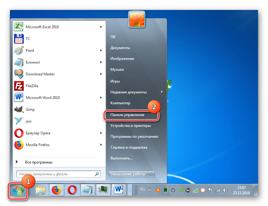Переход в Панель управления через меню Пуск в Windows 7