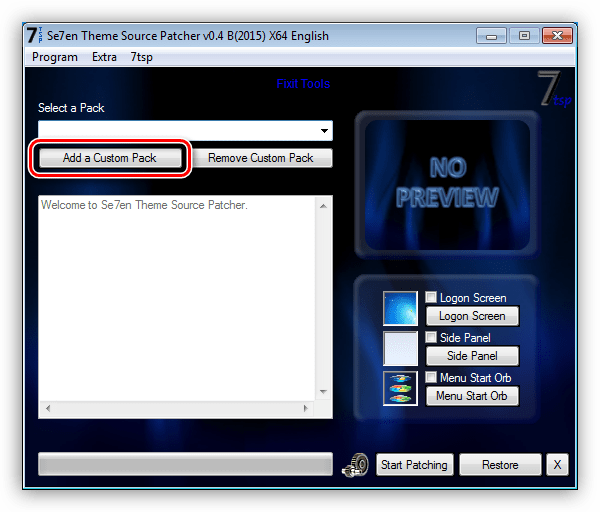 Переход к добавлению нового пакета оформления в программе 7tsp в Windows 7