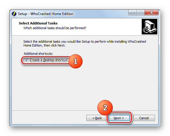 Включение отображения иконки приложения на Рабочем столе в окне Мастера установки программы WhoCrashed на Windows 7
