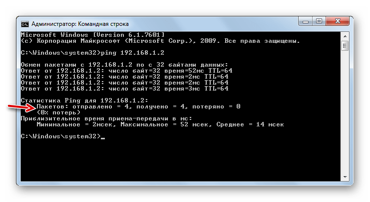 Информация о проверке пинга в Командной строке в Windows 7