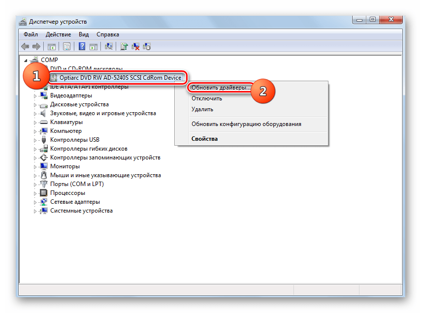 Переход к обновлению драйверов в Диспетчере устройств в Windows 7