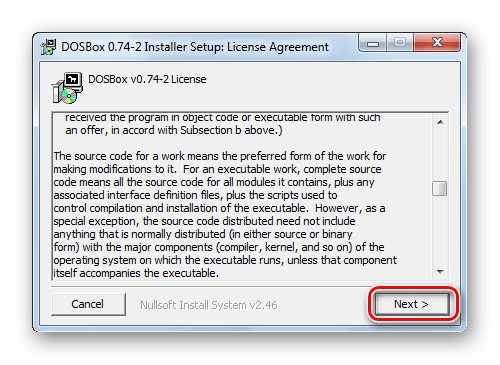 Лицензионное соглашение в окне Мастера установки программы DosBox в Windows 7
