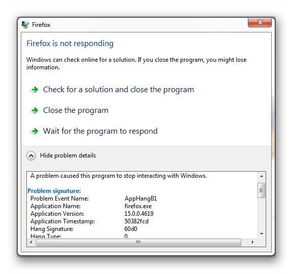 Ошибка AppHangB1 в информационном окне Windows 7