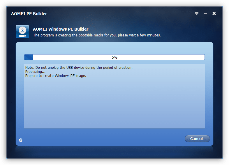 Процесс создания загрузочной флешки в программе AOMEI PE Builder
