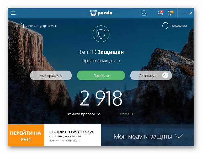 Главное меню программы Panda Protection