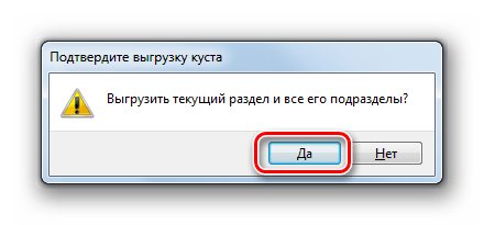 Подтверждение выгрузки текущего раздела и всех его подразделов в диалоговом окне редактора системного реестра в Windows 7