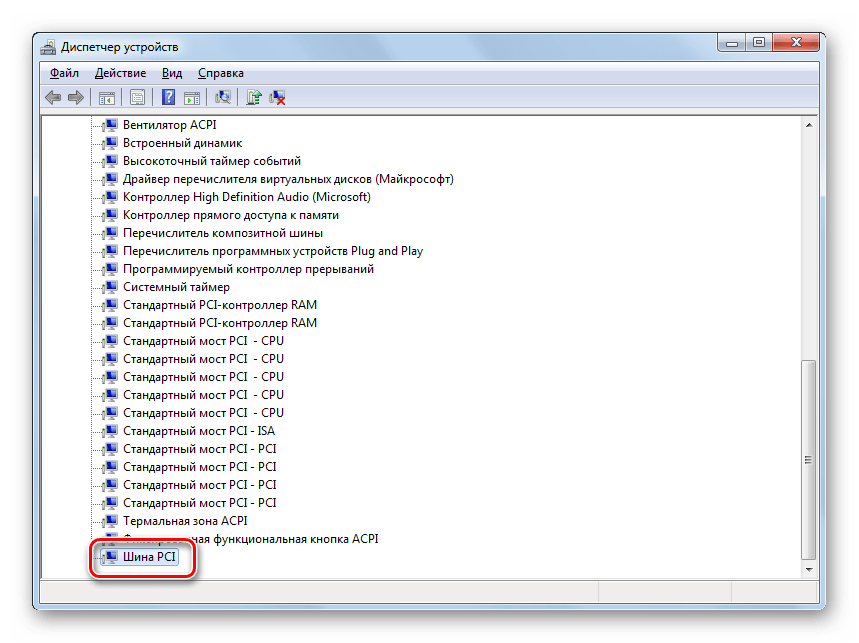 Переход в окно свойств устройства Шина PCI в Диспетчере устройств в Windows 7