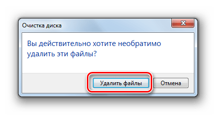 Подтверждение удаления файлов в диалоговом окне системной утилиты для очистки дисков в Windows 7