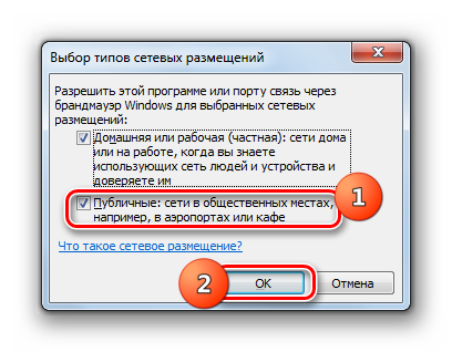 Включение исключения программы через публичные сети в окне выбора типов сетевых рамещений брандмауэра Виндовс в Windows 7