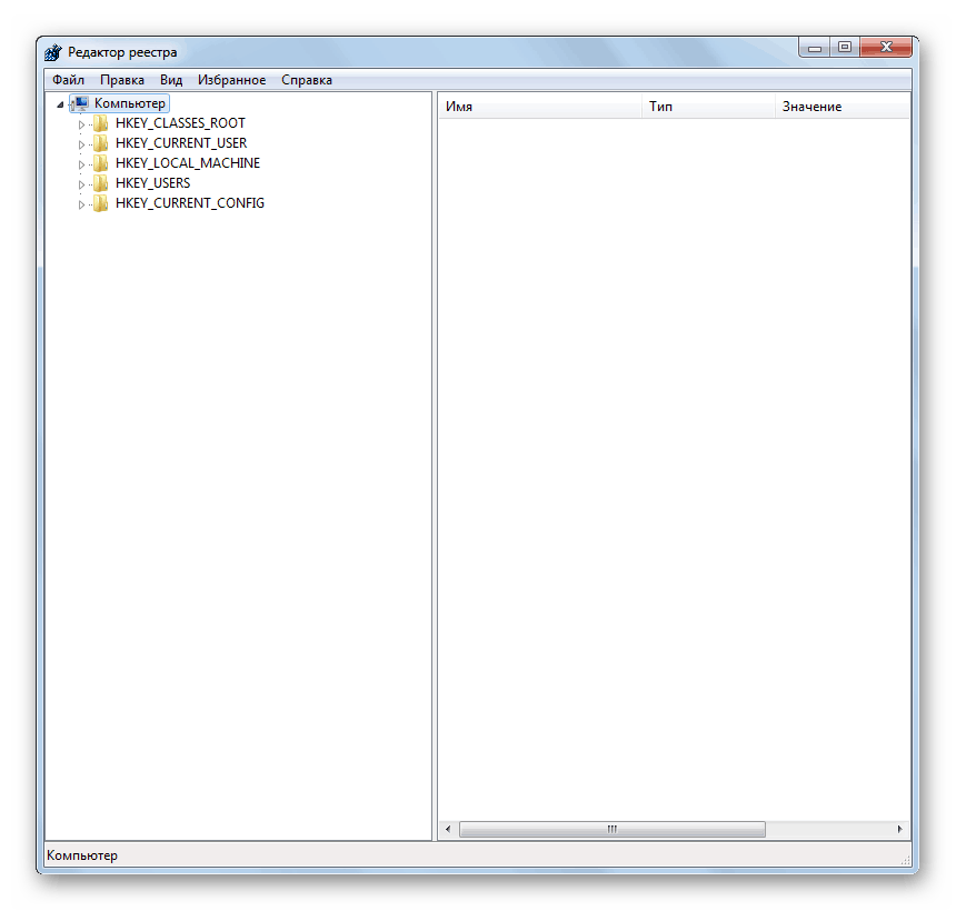 Интерфейс Редактора реестра в Windows 7