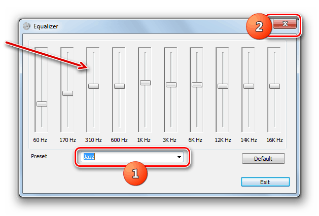 Выбор предустановленного варианта настроек в окне эквалайзера для наушников в Windows 7
