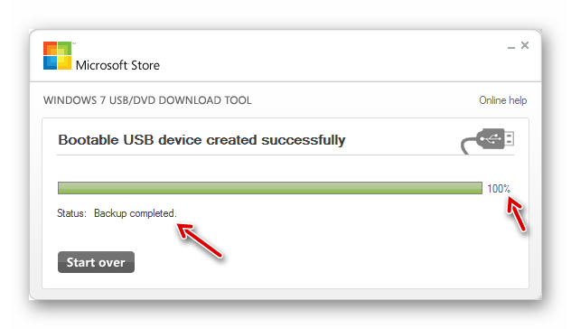 Создание загрузочной флешки завершено в окне утилиты Windows 7 USB DVD Download Tool