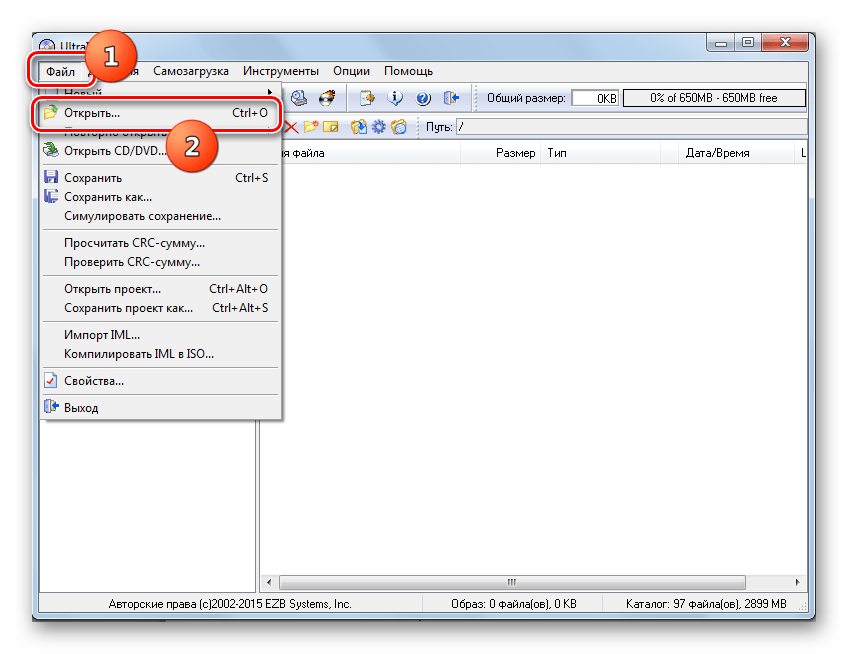 Переход в окно открытия образа в программе UltraISO