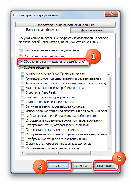 Включение обеспечения наилучшего быстродействия в окне свойств системы в Windows 7