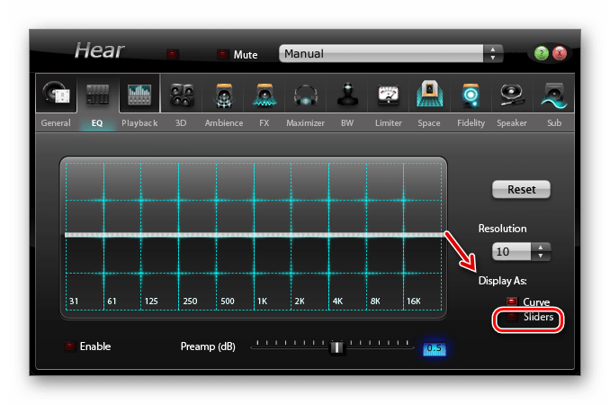 Установка переключателя в позицию Sliders во вкладке HQ в окне программы Hear в Windows 7