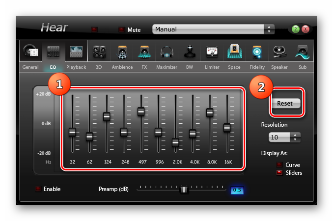 Регулировка звука с помощью эквалайзера в окне программы Hear в Windows 7