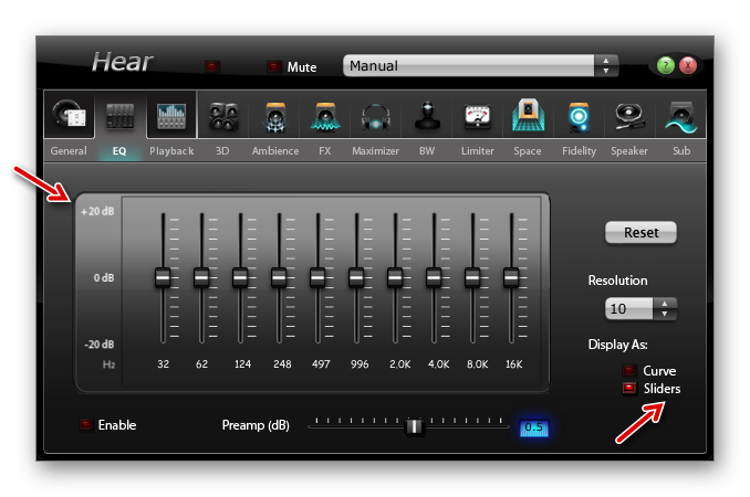 Интерфейс эквалайзера открыт во вкладке HQ в окне программы Hear в Windows 7
