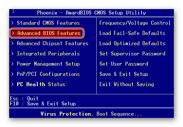 Переход в раздел Advanced BIOS Features в BIOS от Phoenix-Award