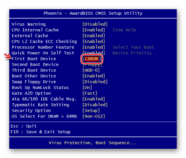 Указание CDROM первым загрузлчным носителем в разделе Advanced BIOS Features в BIOS от Phoenix-Award