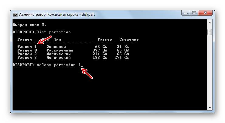 Выбор раздела диска через утилиту diskpart в Командной строке в Windows 7