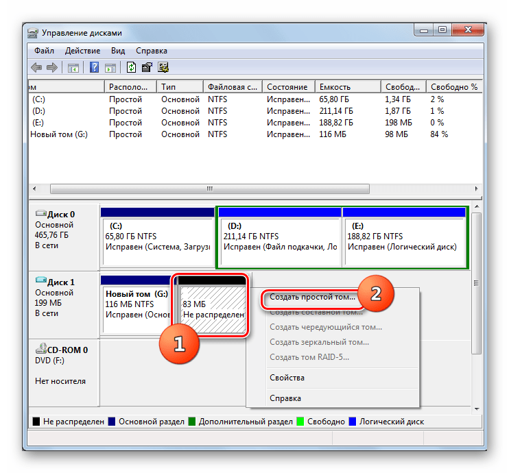 Запуск Мастера создания нового тома в окне управления дисками в Windows 7