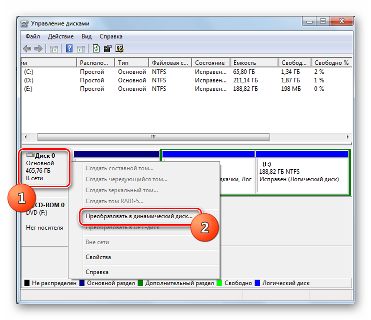 Переход к преобразовнию статического диска в динамический в окне управления дисками в Windows 7