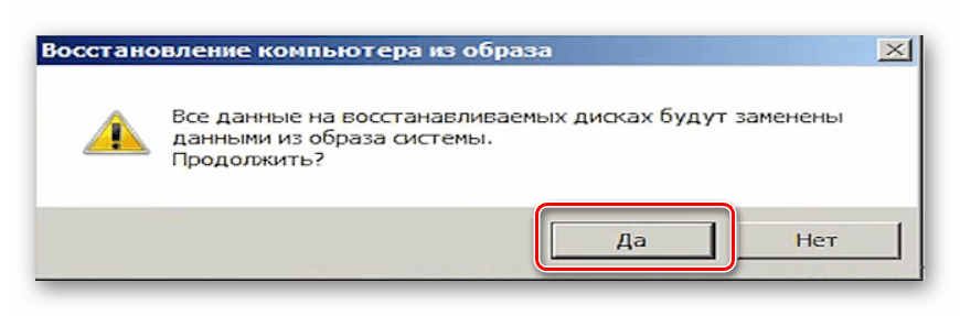 Подтверждение запуска восстановления системы из резервной копии в Windows 7