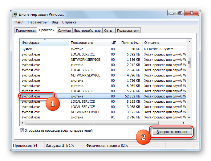 Завершение процесса SVCHOST.EXE в Диспетчере задач в Windows 7