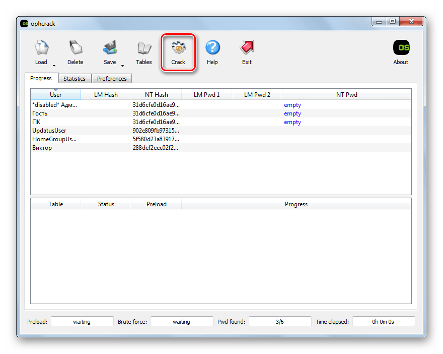 Переход к определению паролей учетных записей в системе в программе Ophcrack в Windows 7
