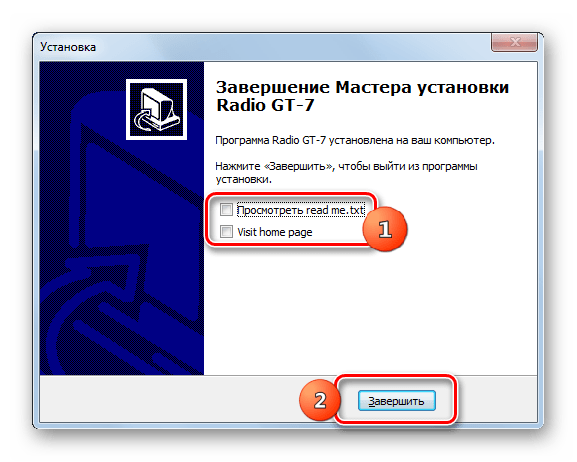 Завершение работы в окне Мастера установки гаджета Radio GT-7 в Windows 7