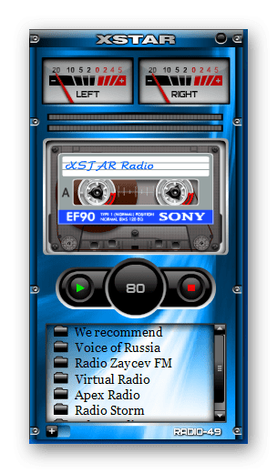 Интерфейс гаджета XIRadio Gadget в Windows 7