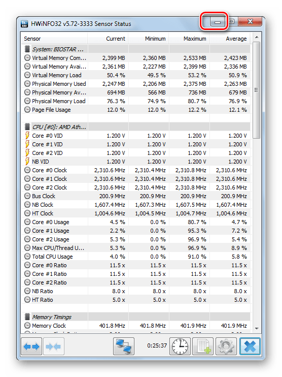 Сворачивание в область уведомлений окна Sensor Status в программе HWiNFO в Windows 7