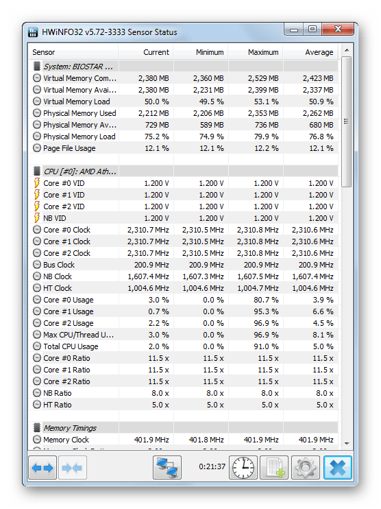 Окно Sensor Status в программе HWiNFO в Windows 7