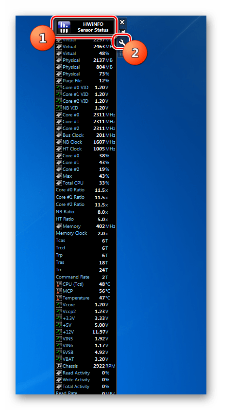 Переход в окно настроек гаджета HWiNFOMonitor в Windows 7